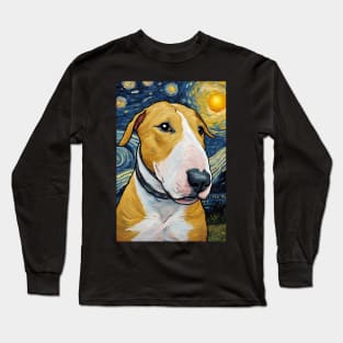 Adorable Bull Terrier Dog Breed Painting in a Van Gogh Starry Night Art Style Long Sleeve T-Shirt